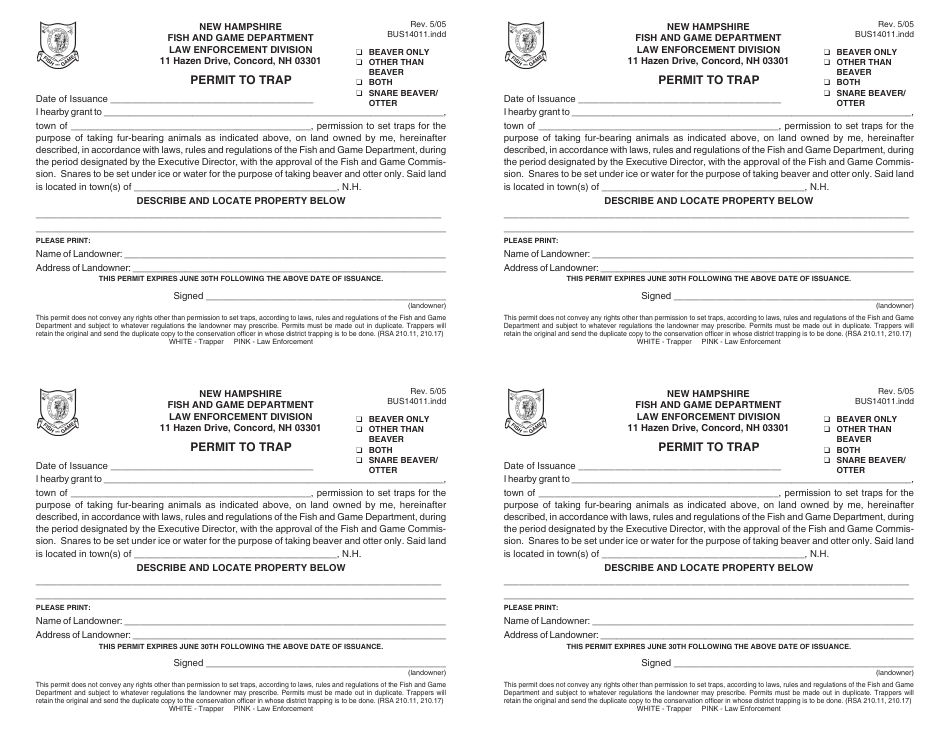 Form BUS14011 Download Printable PDF or Fill Online Permit to Trap New ...