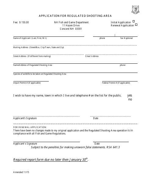 Application for Regulated Shooting Area - New Hampshire Download Pdf