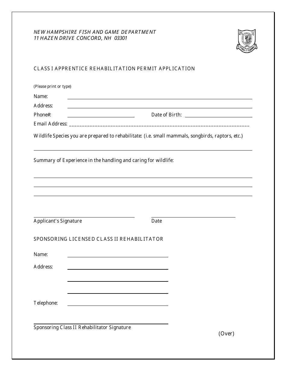 Class I Apprentice Rehabilitation Permit Application - New Hampshire, Page 1