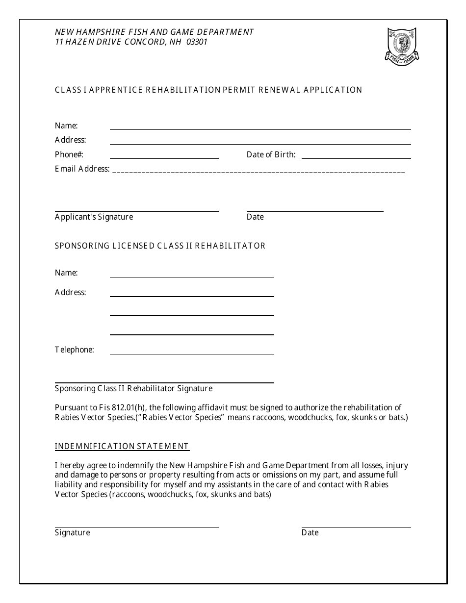 Class I Apprentice Rehabilitation Permit Renewal Application - New Hampshire, Page 1