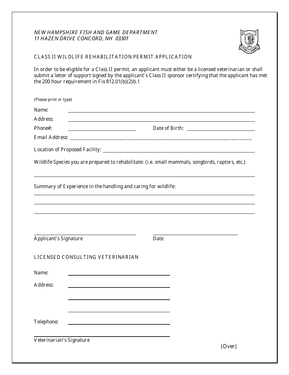 Class II Apprentice Rehabilitation Permit Application - New Hampshire, Page 1