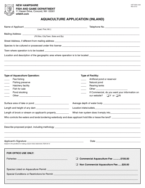 Form HAT13004 Aquaculture Application (Inland) - New Hampshire