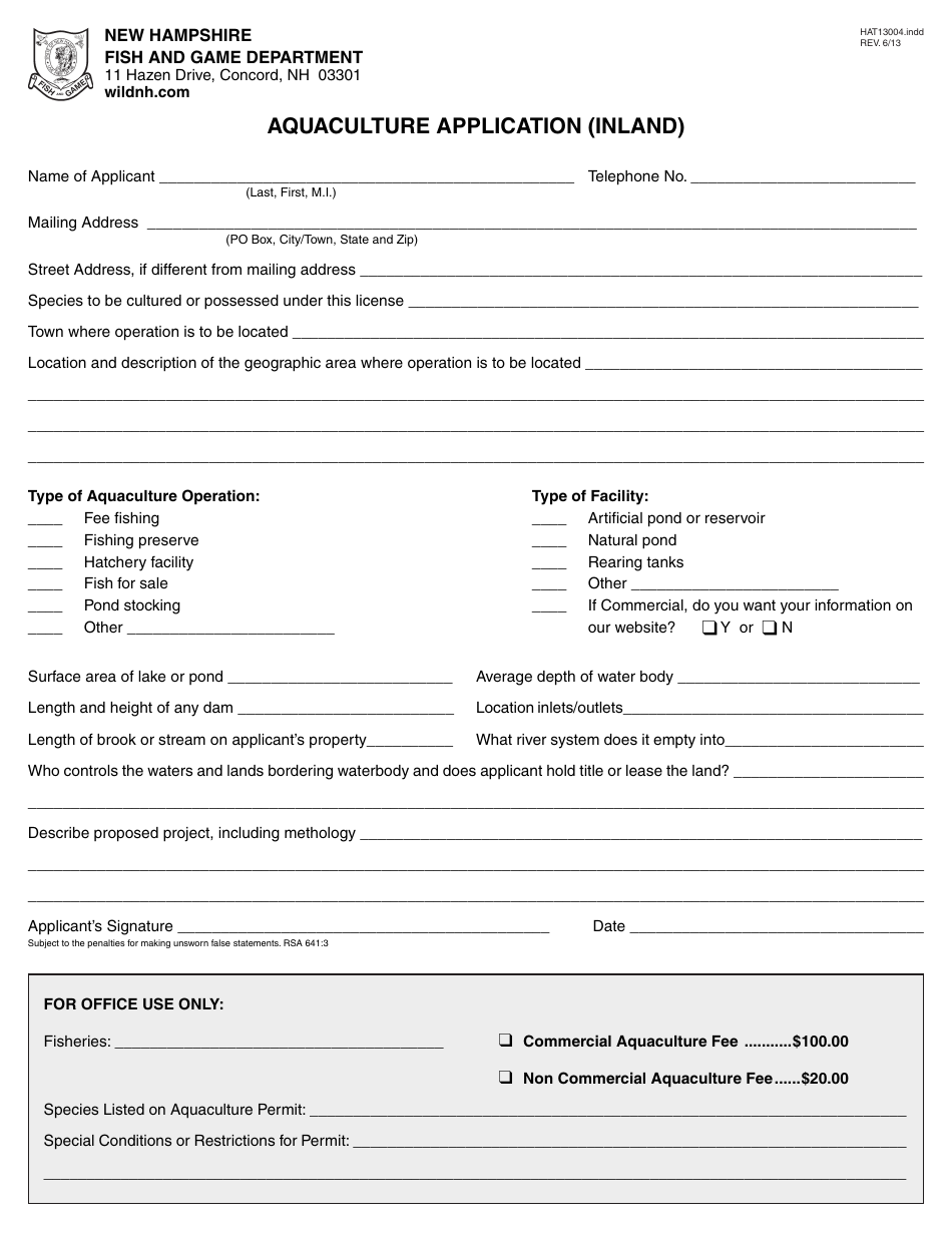Form HAT13004 Aquaculture Application (Inland) - New Hampshire, Page 1
