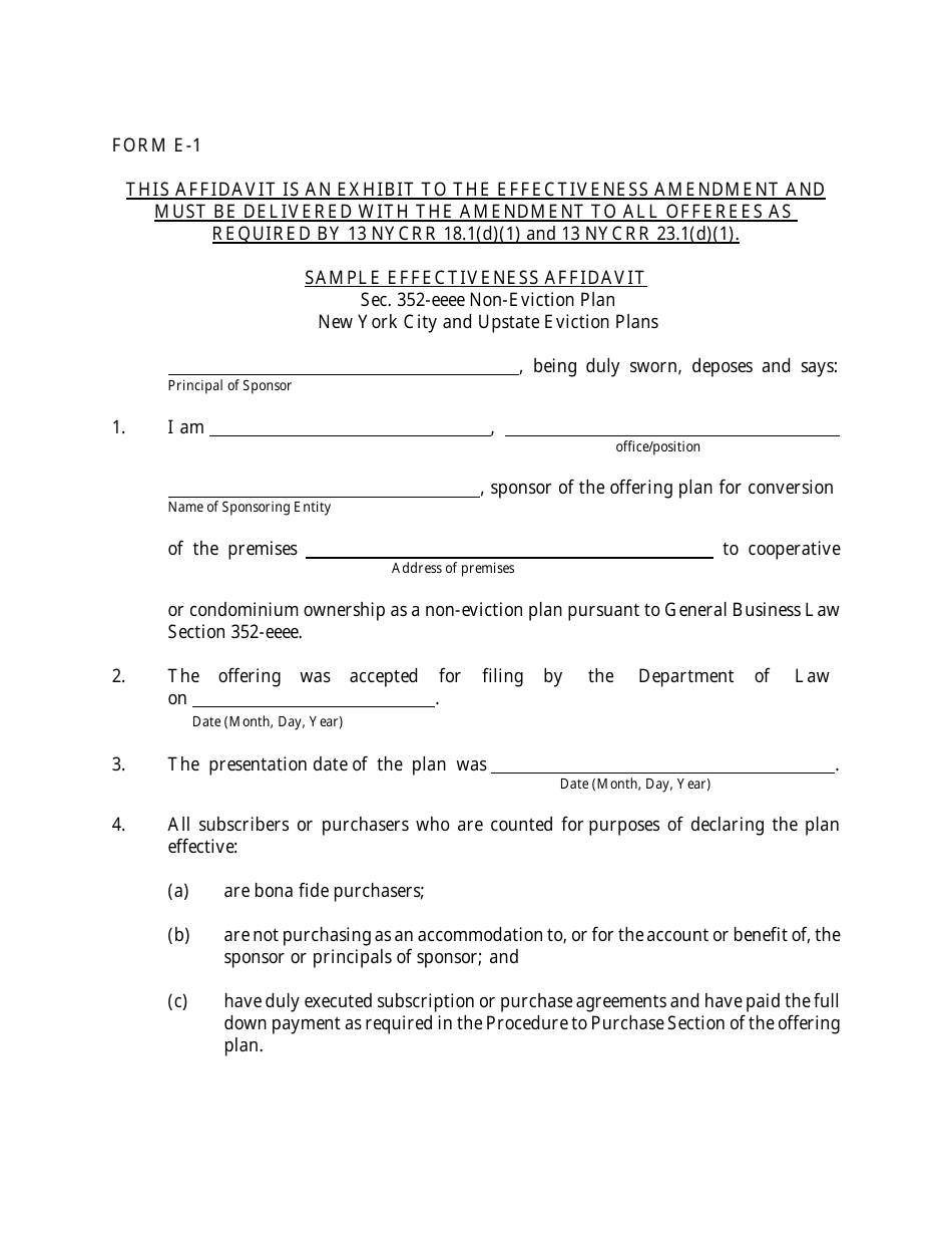Sample Form E-1 Effectiveness Affidavit - New York, Page 1