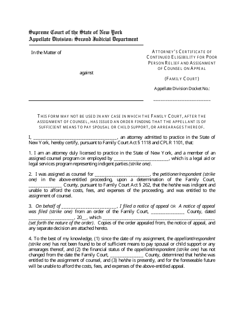 Attorney's Certificate of Continued Eligibility for Poor Person Relief and Assignment of Counsel on Appeal (Family Court) - New York Download Pdf