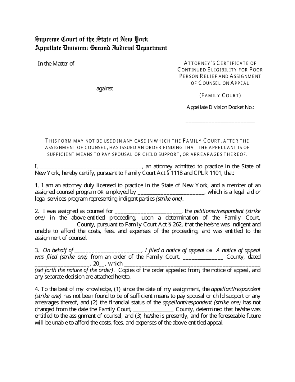 Attorneys Certificate of Continued Eligibility for Poor Person Relief and Assignment of Counsel on Appeal (Family Court) - New York, Page 1
