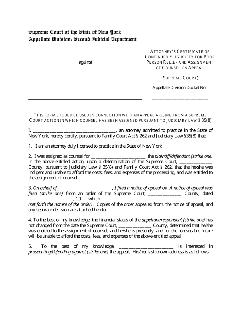 Attorneys Certificate of Continued Eligibility for Poor Person Relief and Assignment of Counsel on Appeal - New York, Page 1