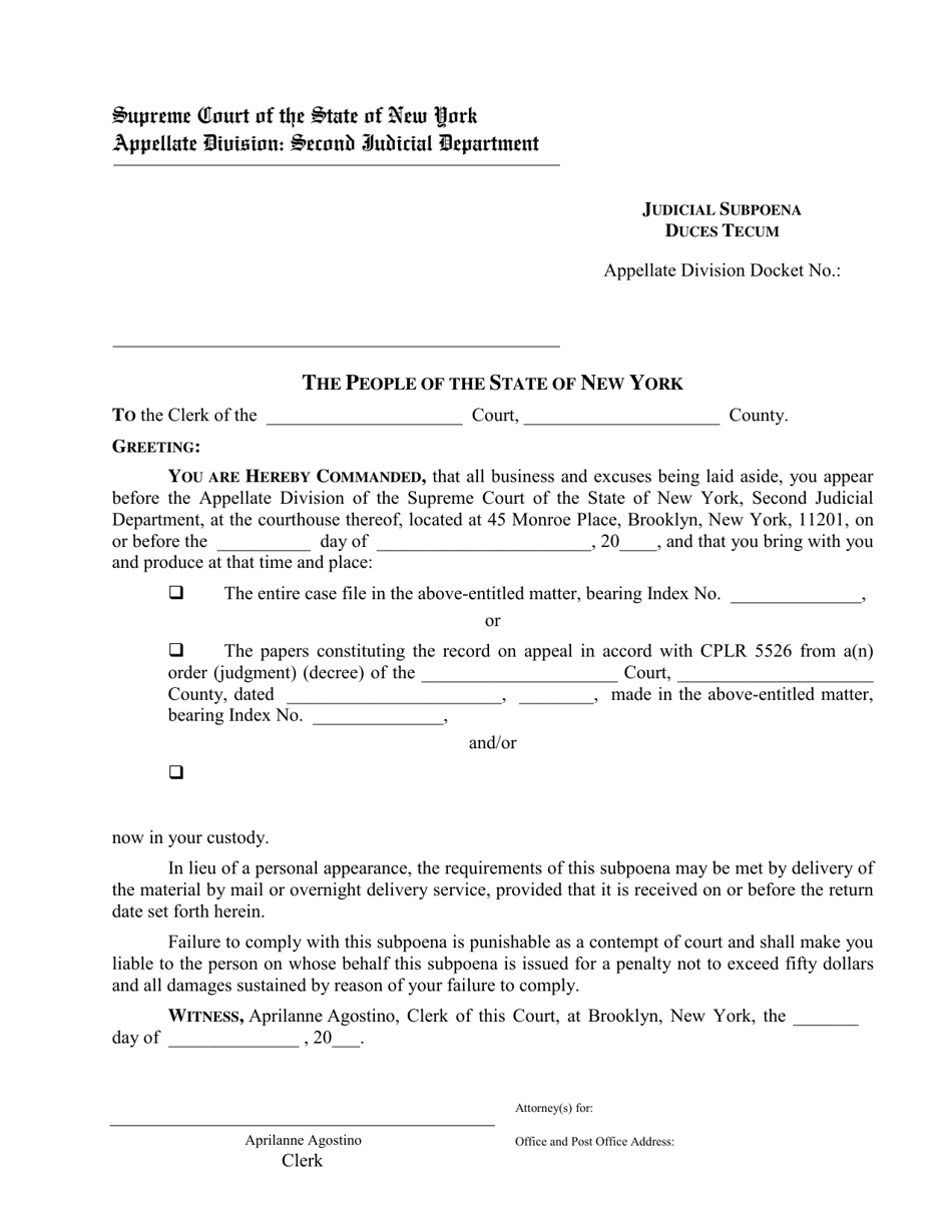 New York Judicial Subpoena Duces Tecum Download Printable PDF 