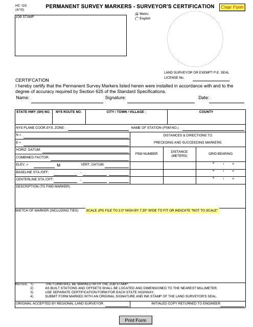 Form HC125 Permanent Survey Markers - Surveyor&#039;s Certification - New York