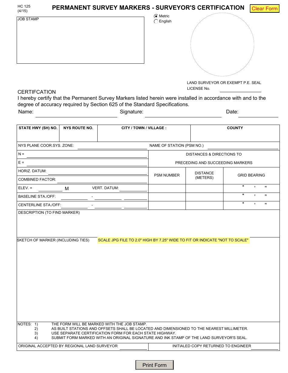 Form HC125 Permanent Survey Markers - Surveyors Certification - New York, Page 1