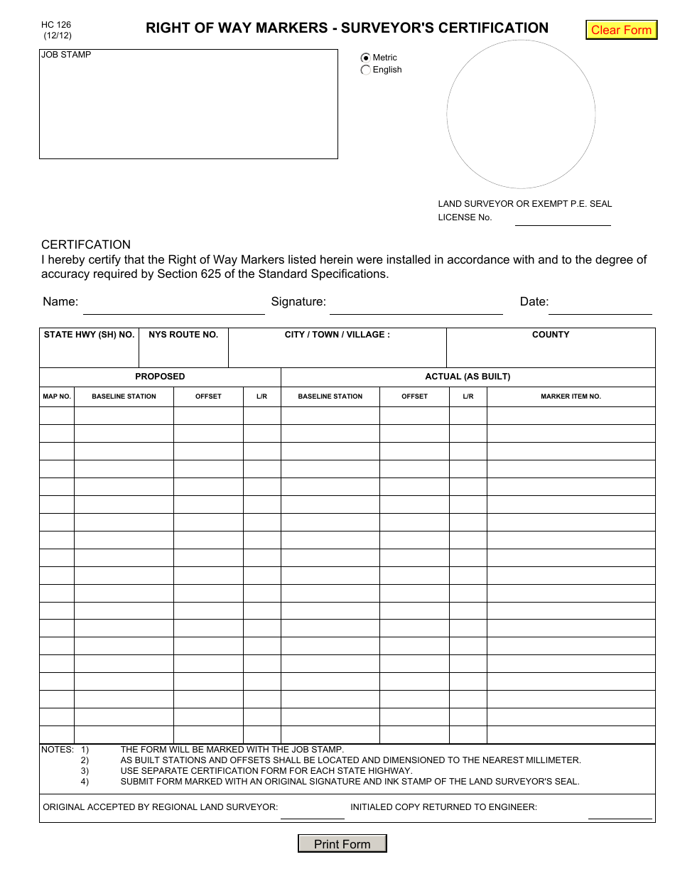 Form HC126 Right of Way Markers - Surveyors Certification - New York, Page 1