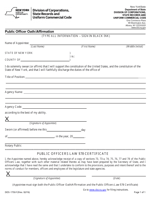 Form DOS-1750-F Public Officer Oath/Affirmation - New York