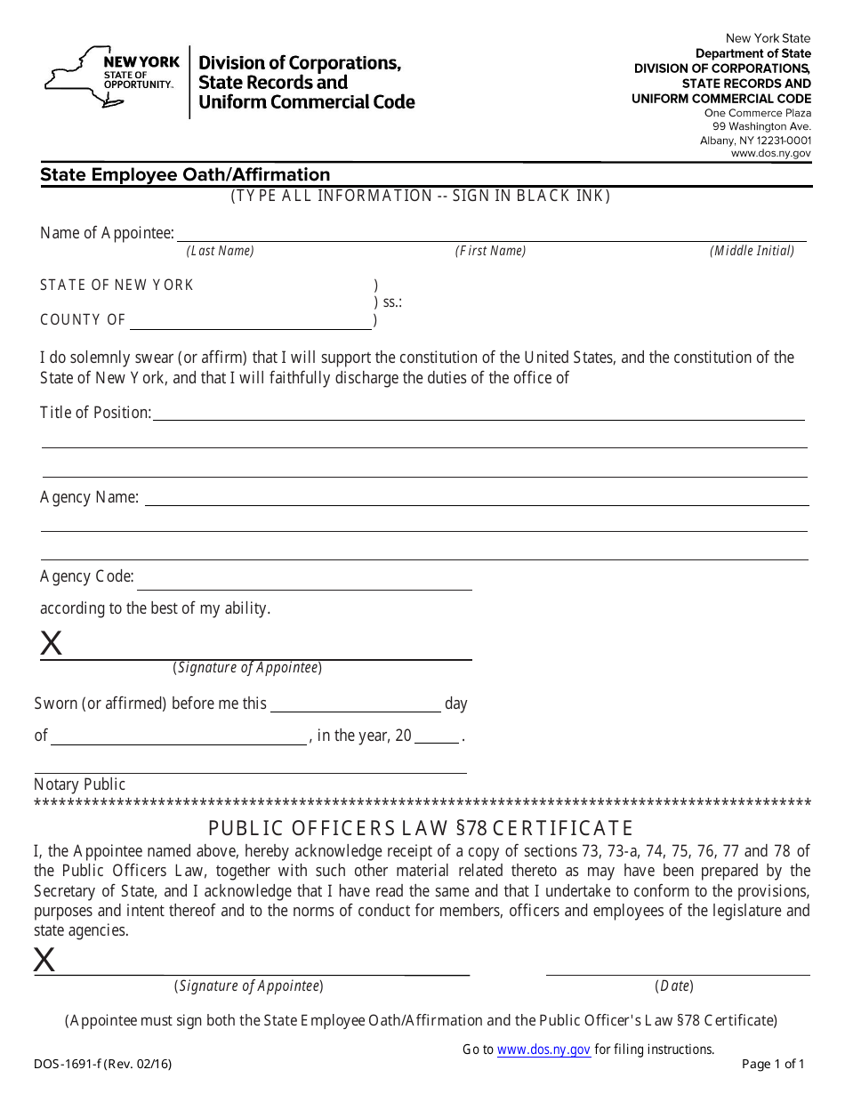 Form DOS-1691-F State Employee Oath / Affirmation - New York, Page 1
