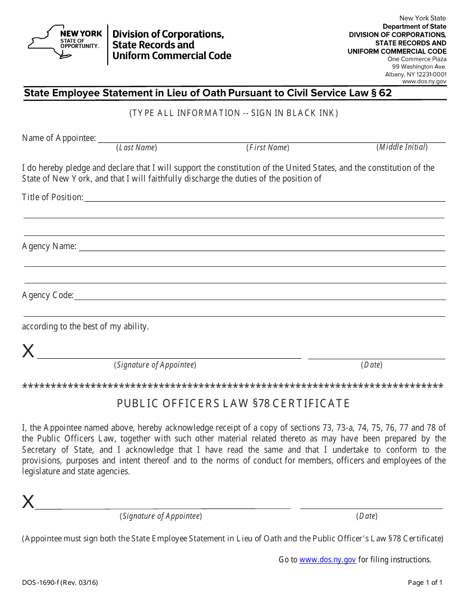 Form DOS-1690-F State Employee Statement in Lieu of Oath Pursuant to Civil Service Law 62 - New York, Page 1