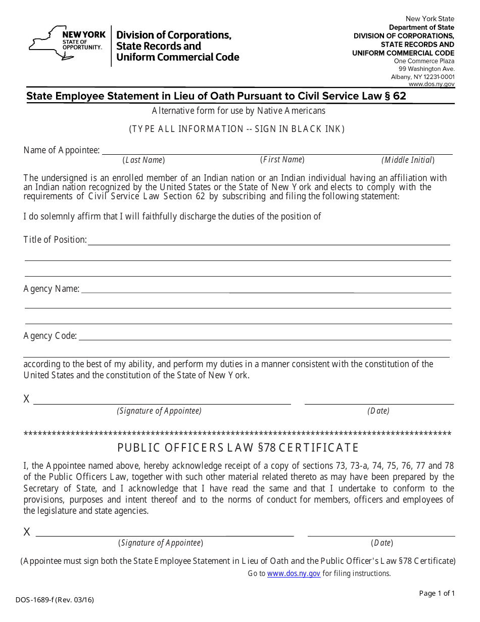 Form DOS-1689-F State Employee Statement in Lieu of Oath Pursuant to Civil Service Law 62 - New York, Page 1