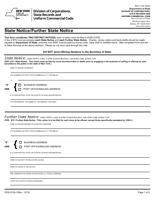 Form DOS-0125-F State Notice/Further State Notice - New York