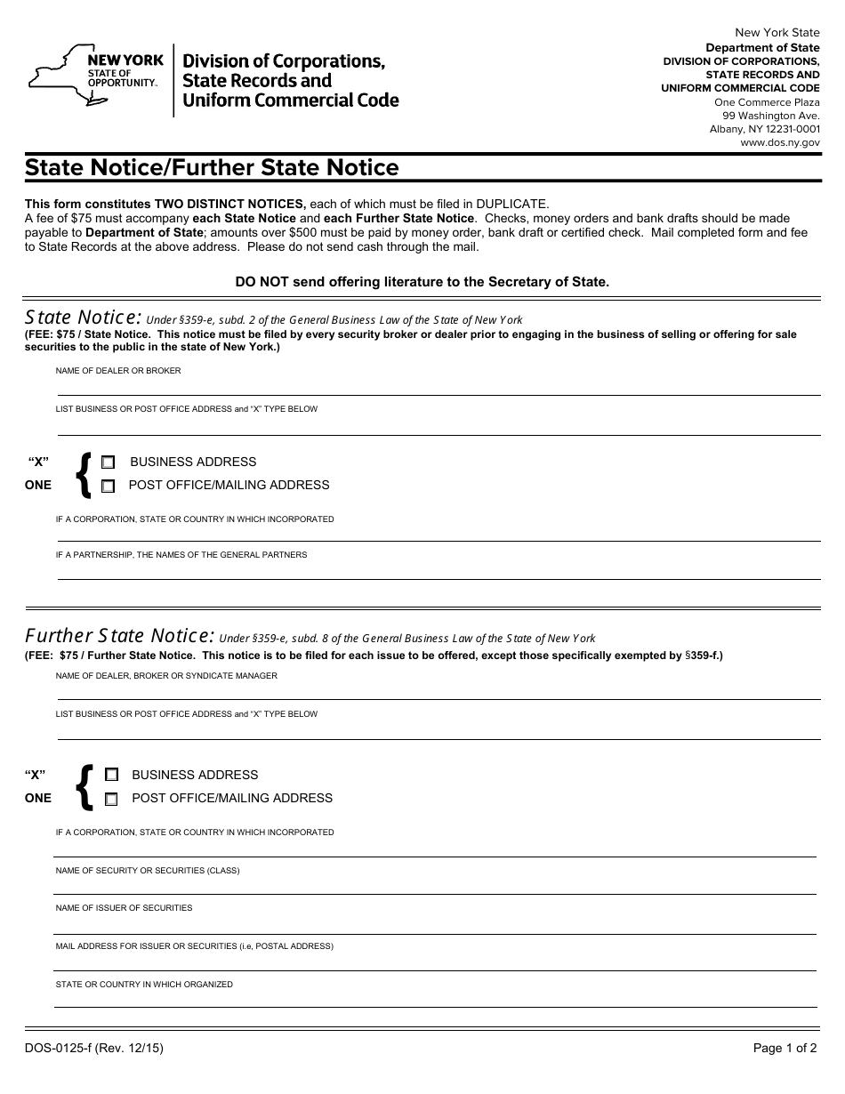 Form DOS-0125-F State Notice / Further State Notice - New York, Page 1