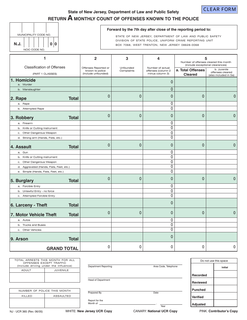 Form NJ-UCR365 Return a Monthly Count of Offenses Known to Police - New Jersey, Page 1