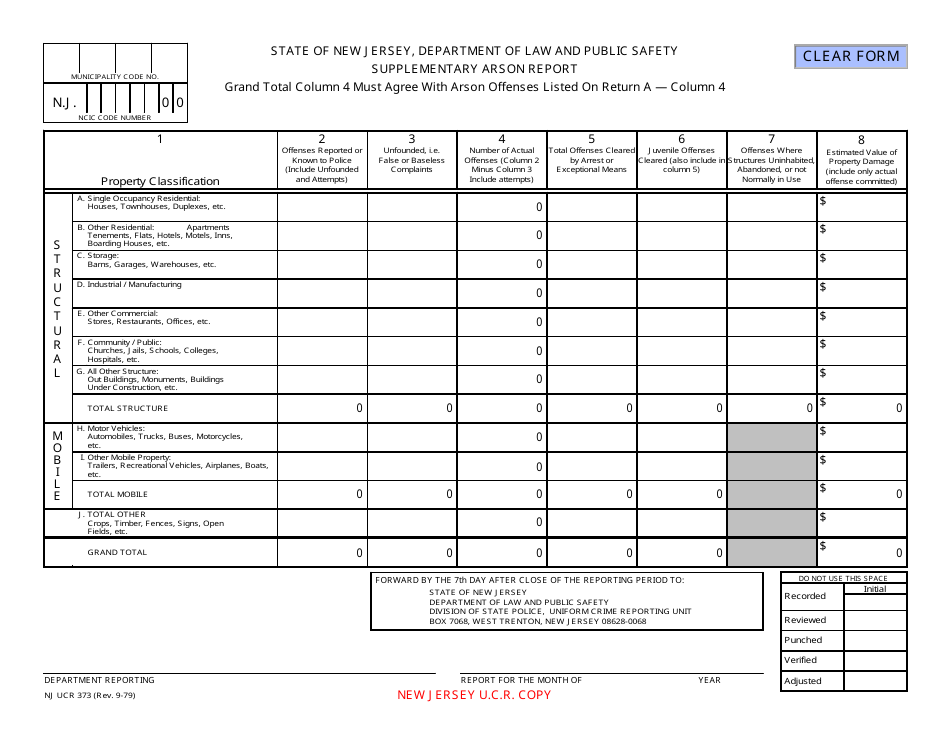 Form NJ UCR373 Supplementary Arson Report - New Jersey, Page 1