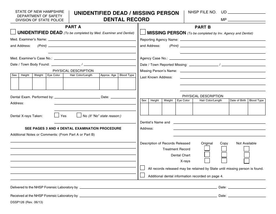 Form DSSP126 Unidentified Dead / Missing Person Dental Record - New Hampshire, Page 1