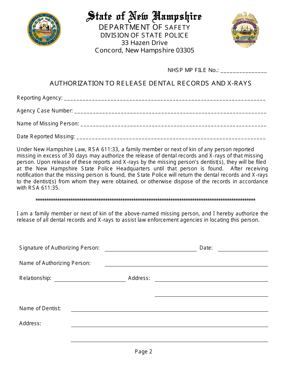 Form DSSP126 Unidentified Dead / Missing Person Dental Record - New Hampshire, Page 2