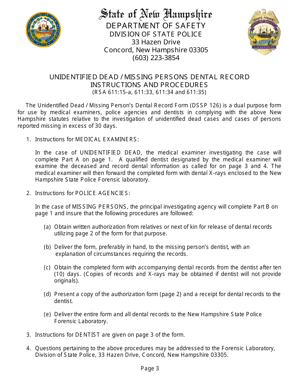 Form DSSP126 Unidentified Dead / Missing Person Dental Record - New Hampshire, Page 3