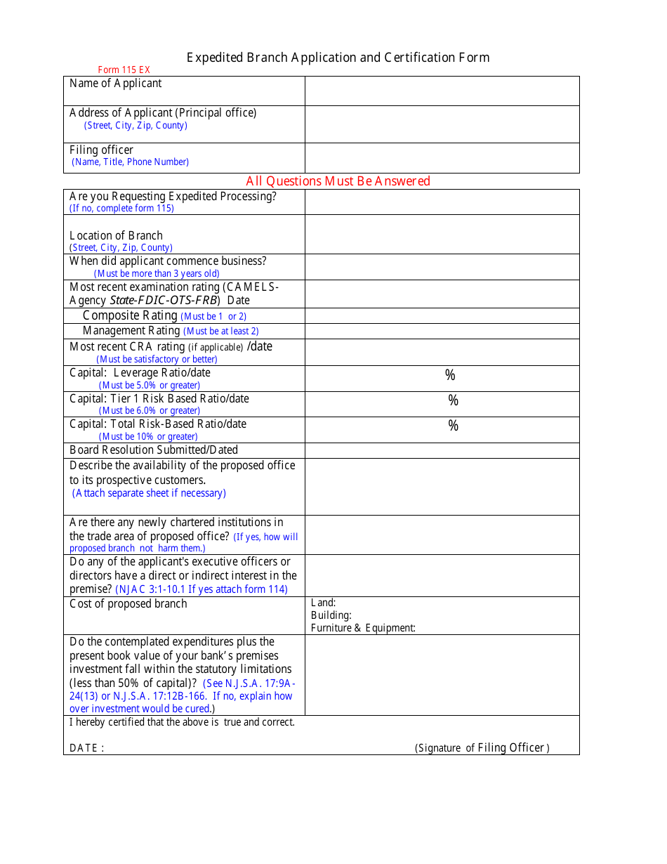 Form 115 EX Expedited Branch Application and Certification Form - New Jersey, Page 1