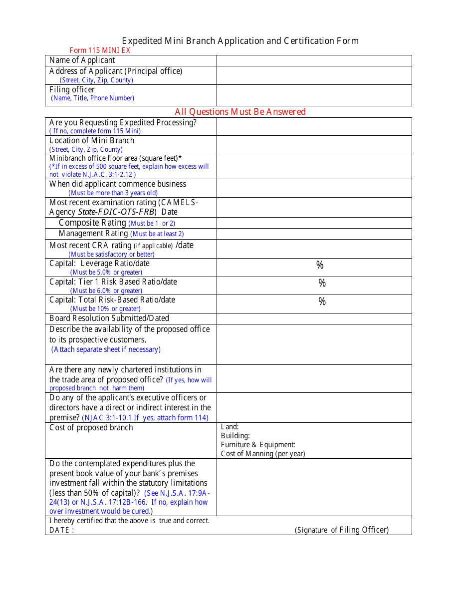Form 115 MINI EX Expedited Mini Branch Application and Certification Form - New Jersey, Page 1