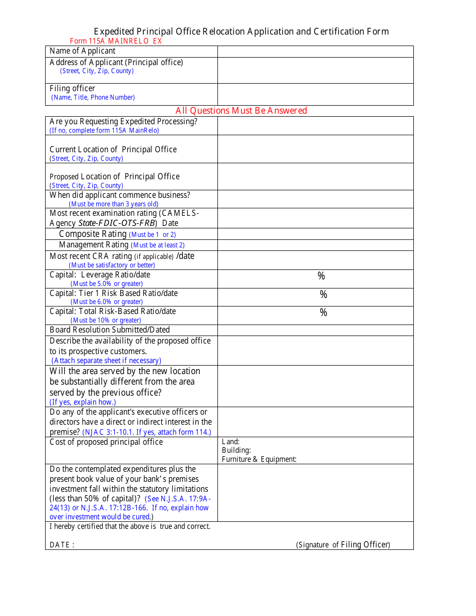 Form 115A MAINRELO EX Expedited Principal Office Relocation Application and Certification Form - New Jersey, Page 1