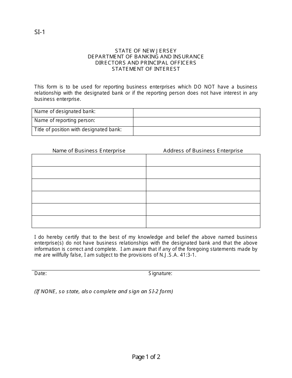 Form SI-1 Statement of Interest - New Jersey, Page 1