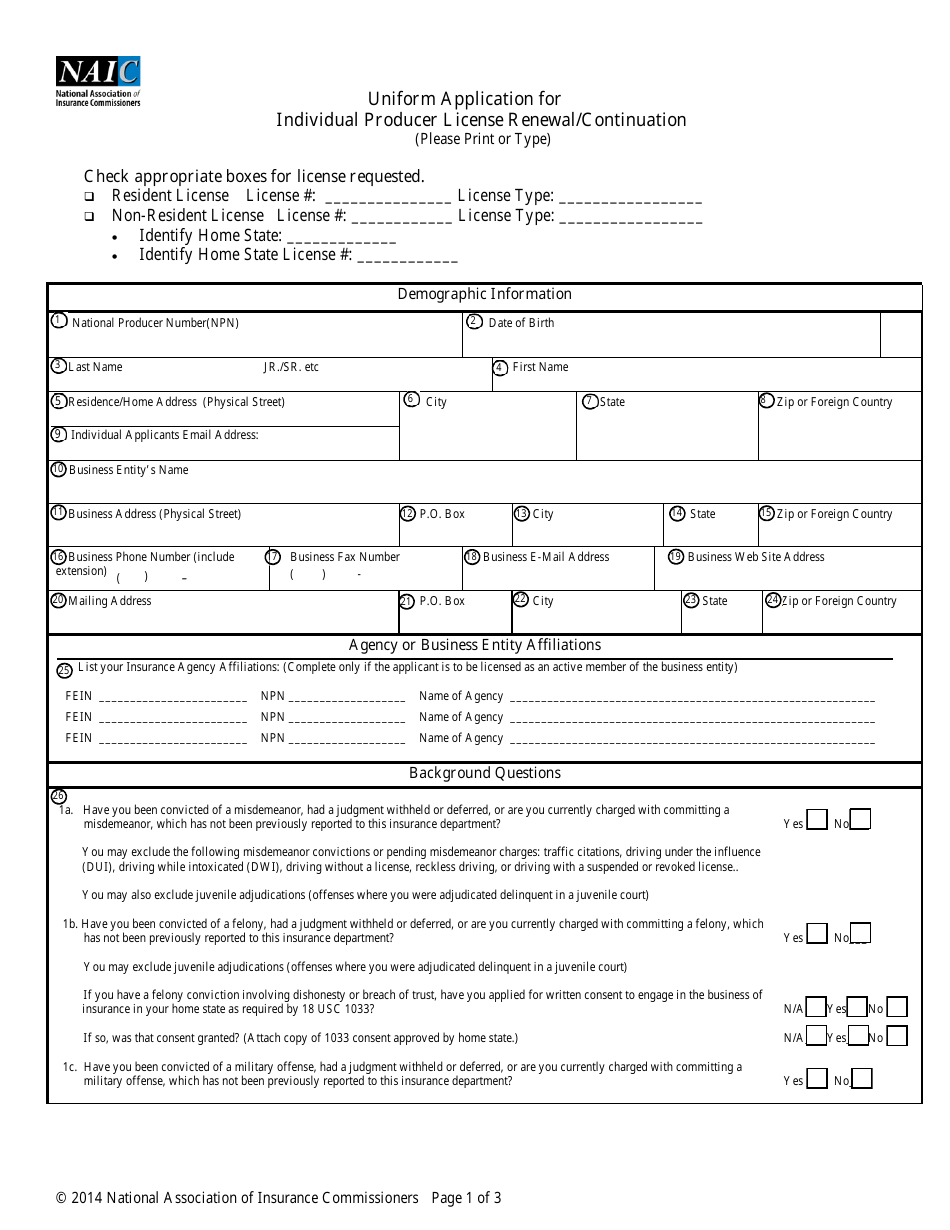 Uniform Application for Individual Producer License Renewal / Continuation - New Jersey, Page 1