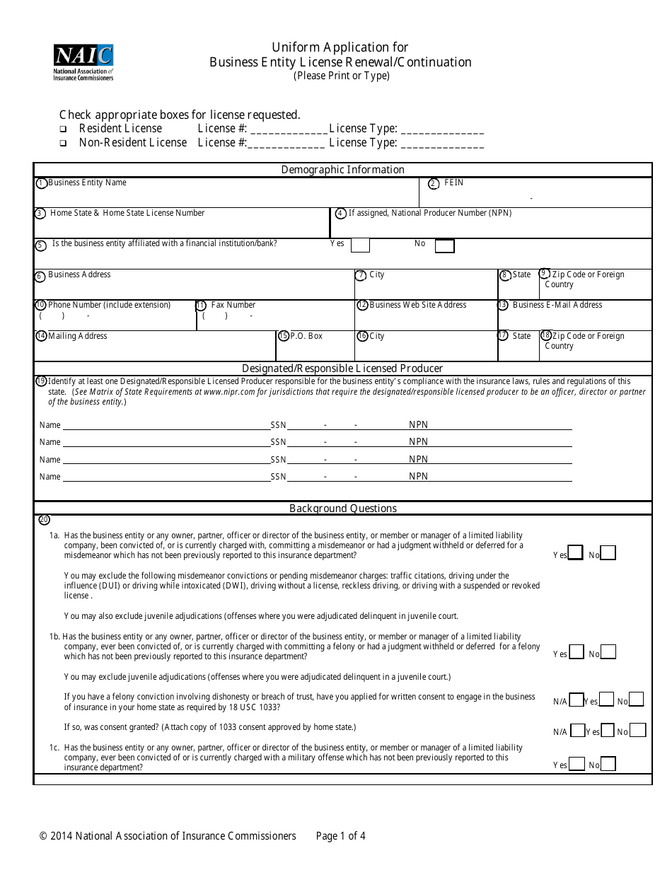 Uniform Application for Business Entity License Renewal / Continuation - New Jersey, Page 1