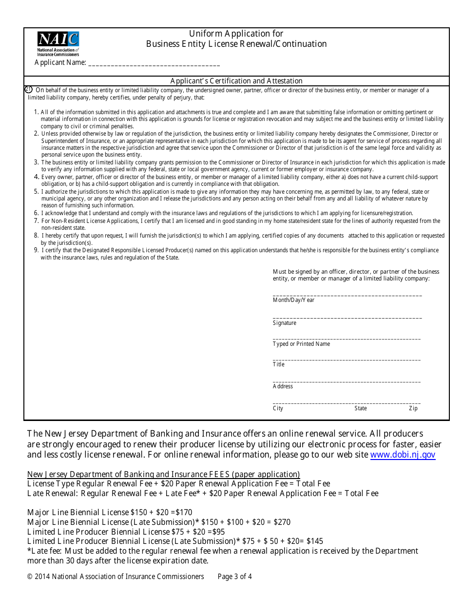 New Jersey Uniform Application for Business Entity License Renewal