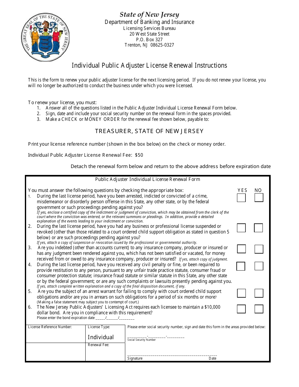 Individual Public Adjuster License Renewal Form - New Jersey, Page 1