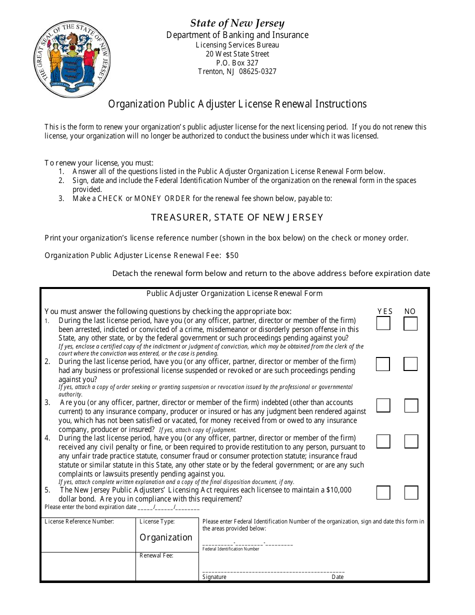 Organization Public Adjuster License Renewal Form - New Jersey, Page 1