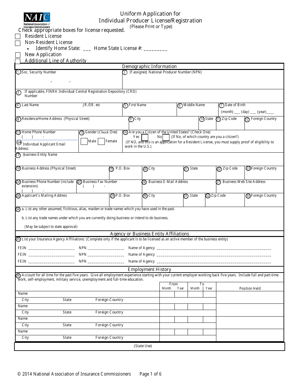Uniform Application for Individual Producer License/Registration - New Jersey, Page 1