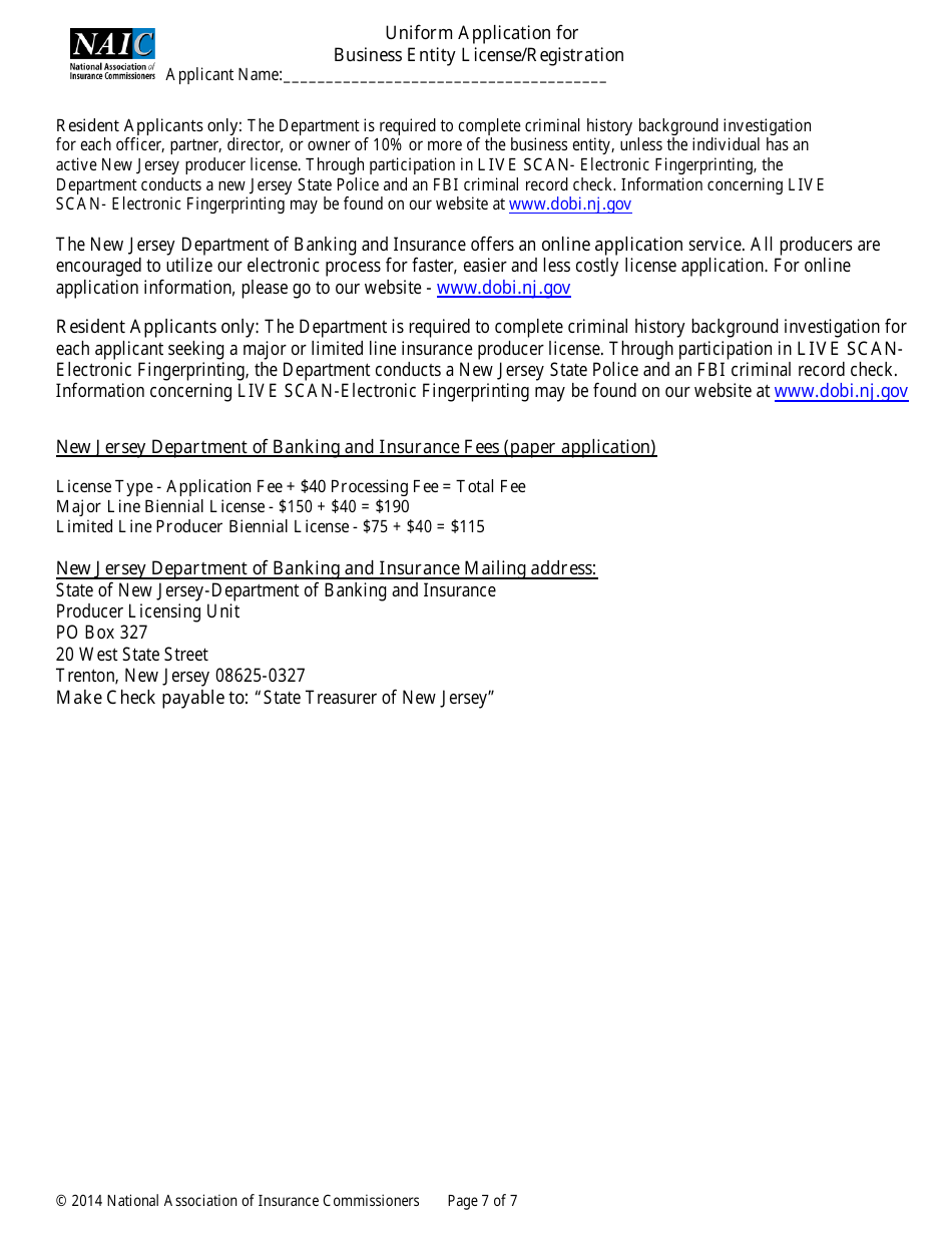 Uniform Application for Business Entity License / Registration - New Jersey, Page 7