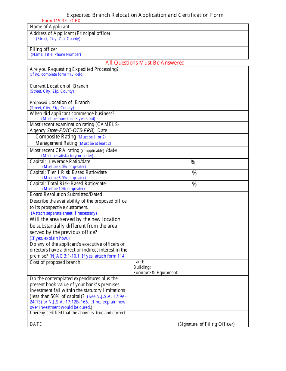 Form 115 RELO EX Expedited Branch Relocation Application and Certification Form - New Jersey, Page 1