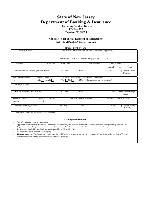 Application for Initial Resident or Nonresident Individual Public Adjuster License - New Jersey Download Pdf