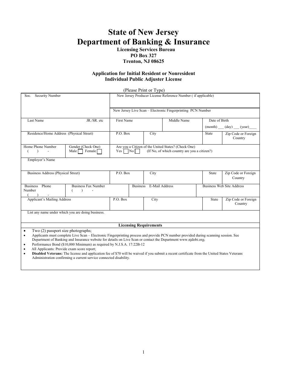 Application for Initial Resident or Nonresident Individual Public Adjuster License - New Jersey, Page 1