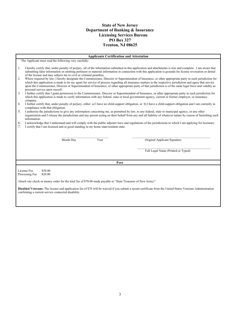 Application for Initial Resident or Nonresident Individual Public Adjuster License - New Jersey, Page 3