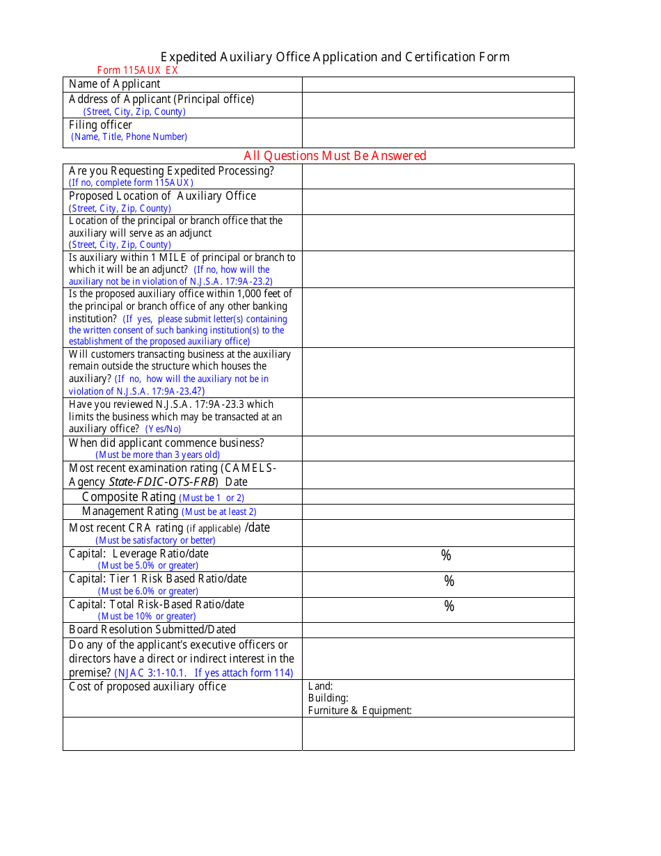 Form 115AUX EX Expedited Auxiliary Office Application and Certification Form - New Jersey, Page 1