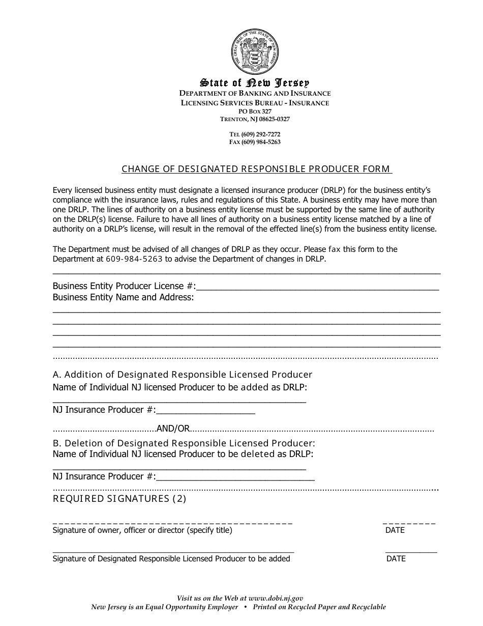 Change of Designated Responsible Producer Form - New Jersey, Page 1