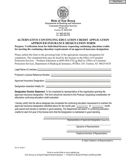 Form CE-1A Alternative Continuing Education Credit Application Approved Insurance Designation Form - New Jersey