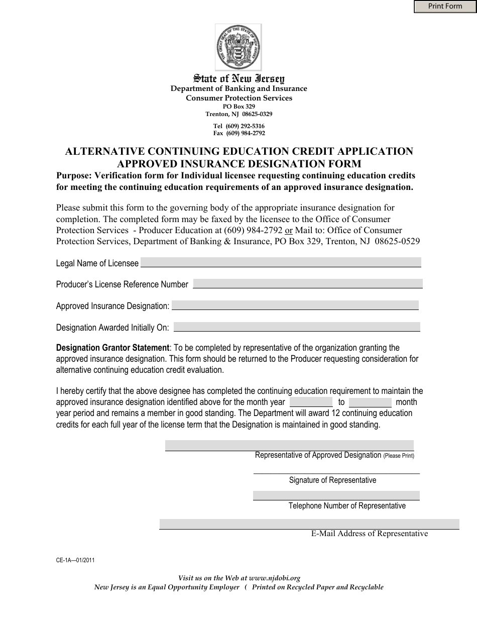 Form CE-1A Alternative Continuing Education Credit Application Approved Insurance Designation Form - New Jersey, Page 1