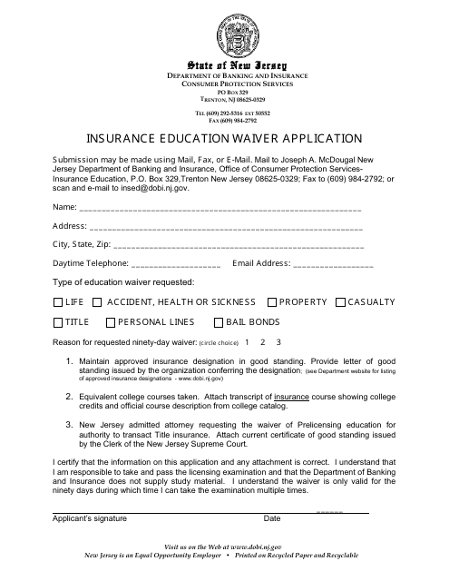 Insurance Education Waiver Application - New Jersey Download Pdf
