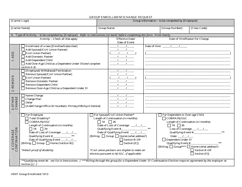 Group Enrollment / Change Request - New Jersey Download Pdf
