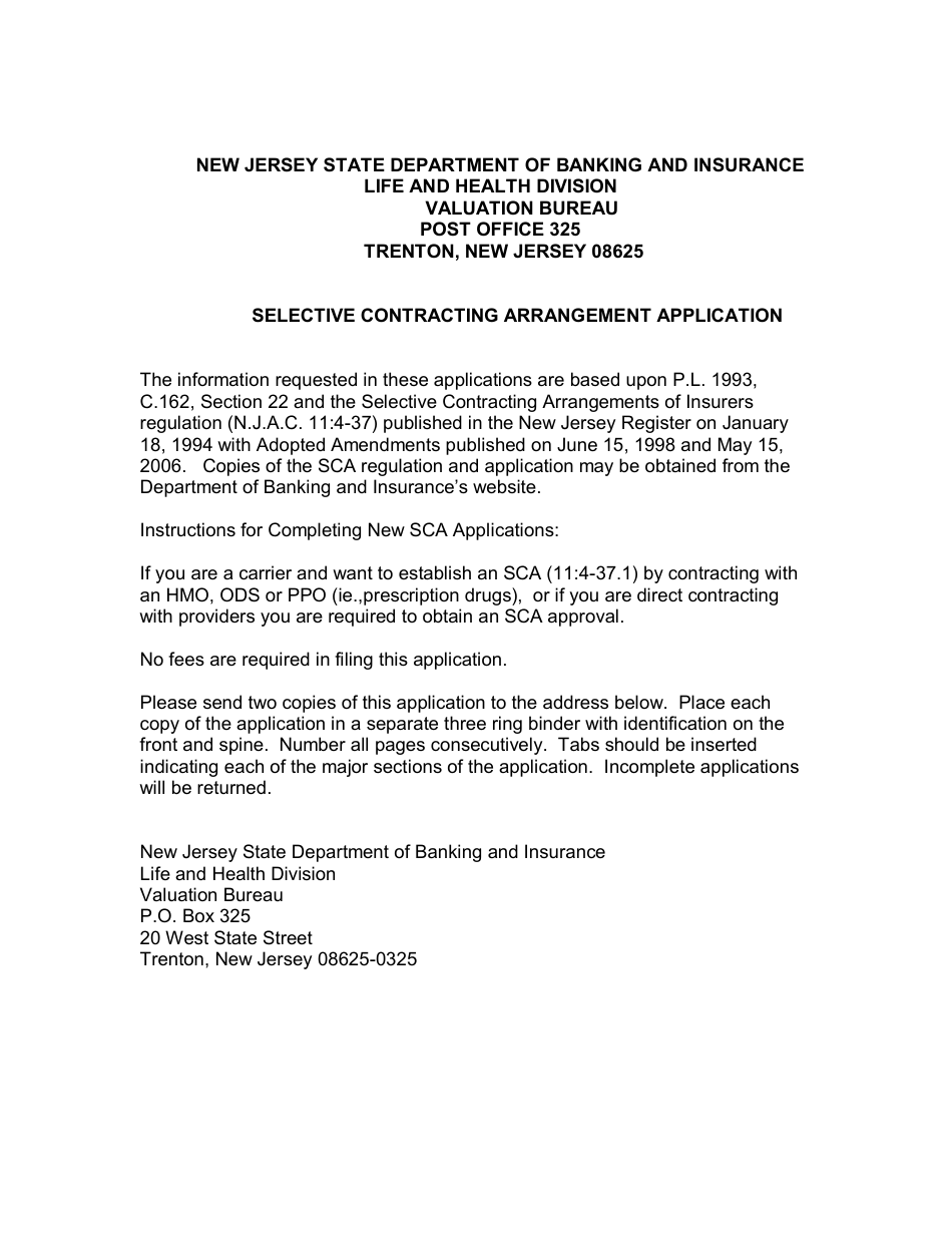 Selective Contracting Arrangement Application - New Jersey, Page 1