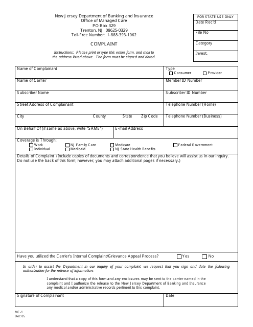 Form MC-1 Complaint - New Jersey