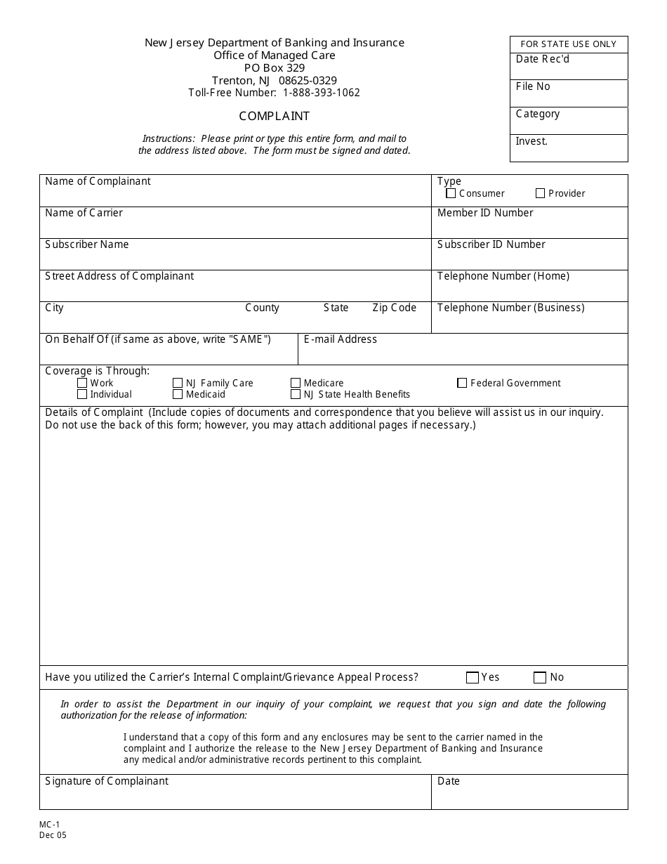 Form MC-1 Complaint - New Jersey, Page 1